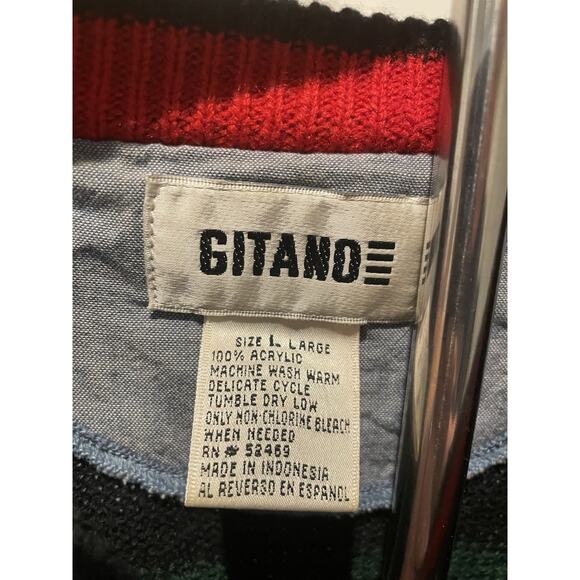 Vintage Gitano Men’s Sweater Large 80s 90s Striped Navy Green Red Retro - Picture 4 of 5